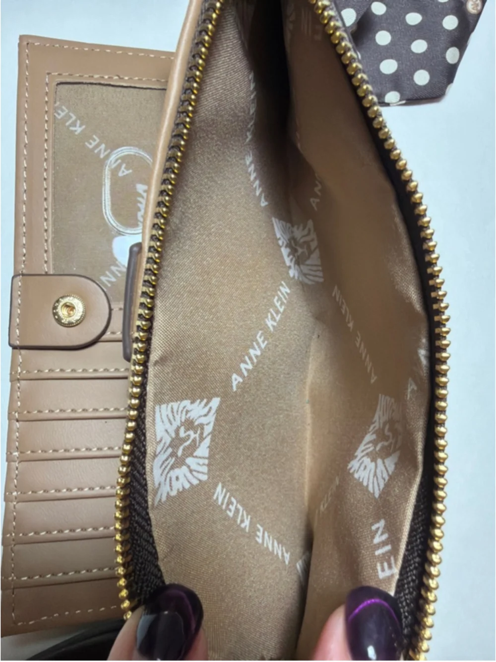 Women's Anne Klein Pebbled Brown Wristlet Wallet With Polka Dot Scarf NWOT